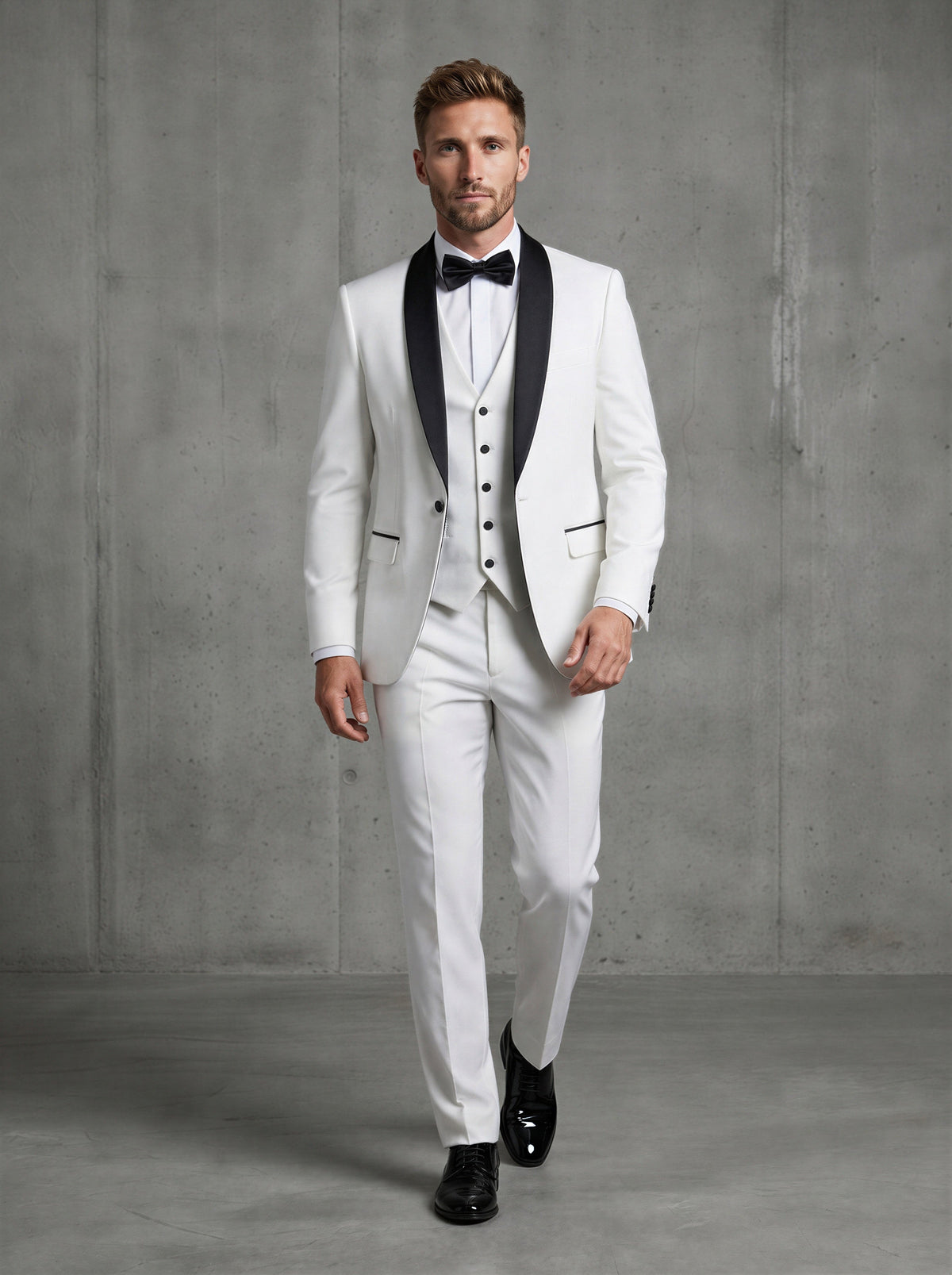 White men's 3 piece wedding tuxedo suit with black satin collar piping