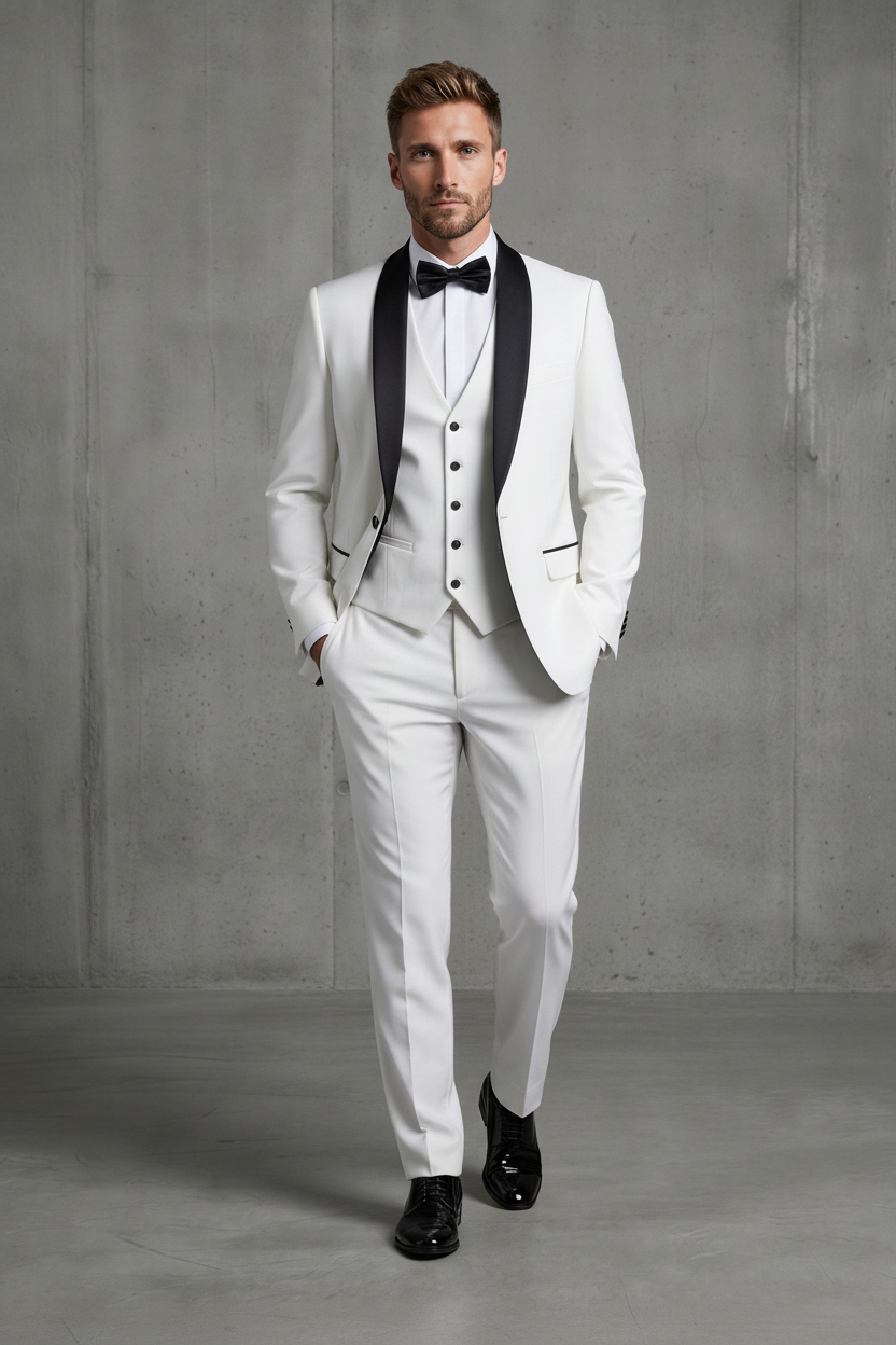 White men's 3 piece wedding tuxedo suit with black satin collar piping