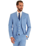Men's sky blue 3 piece cotton suit with white buttons