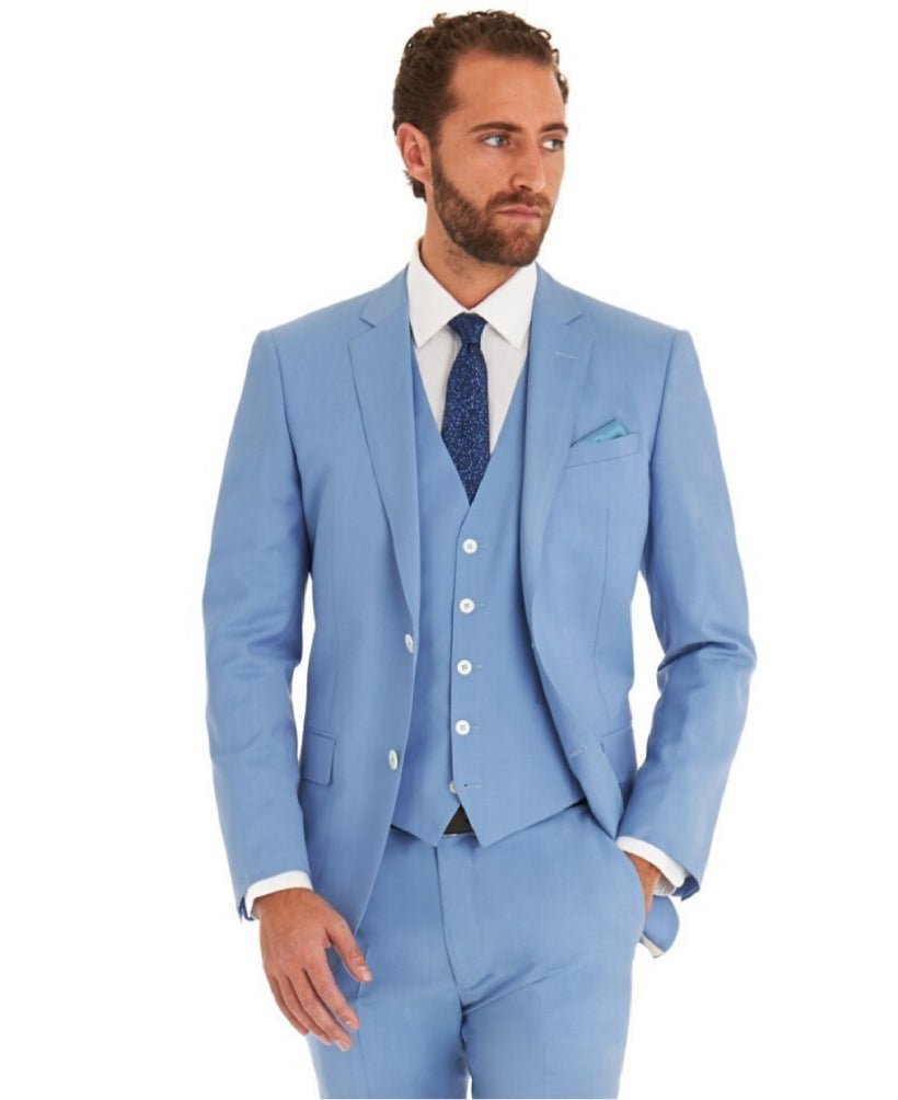 Men's sky blue 3 piece cotton suit with white buttons