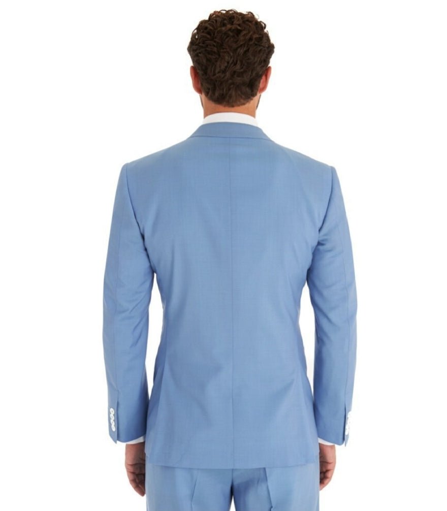 Men's sky blue 3 piece cotton suit with white buttons