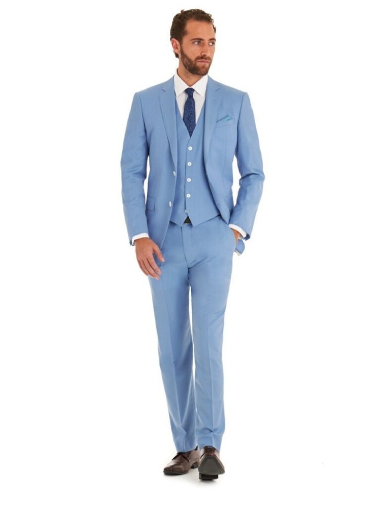 Men's sky blue 3 piece cotton suit with white buttons