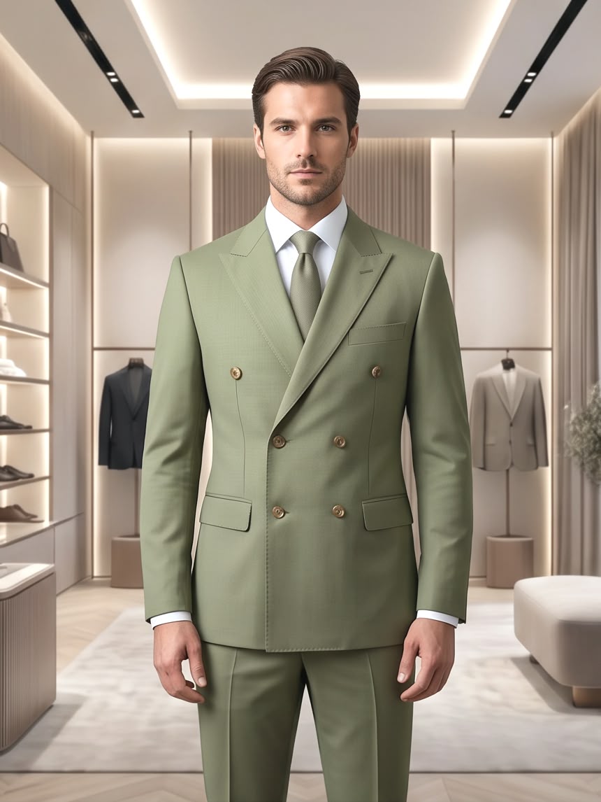 Sage Elegance: Double-Breasted Wool Blend Suit