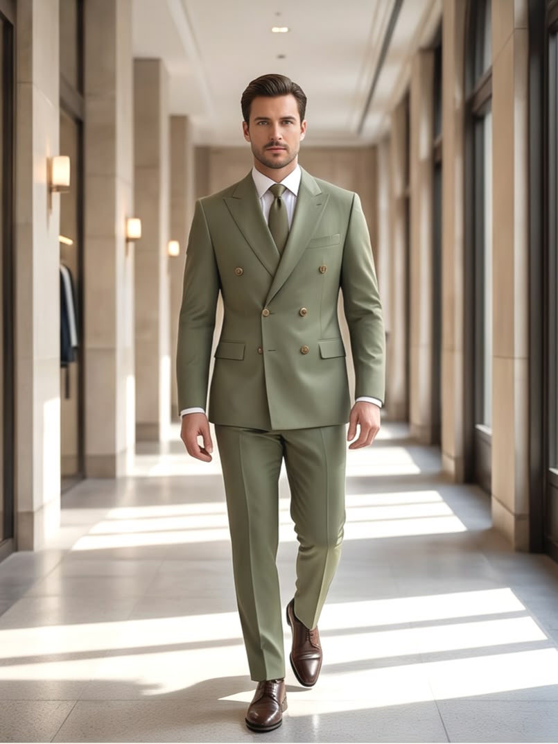 Sage Elegance: Double-Breasted Wool Blend Suit