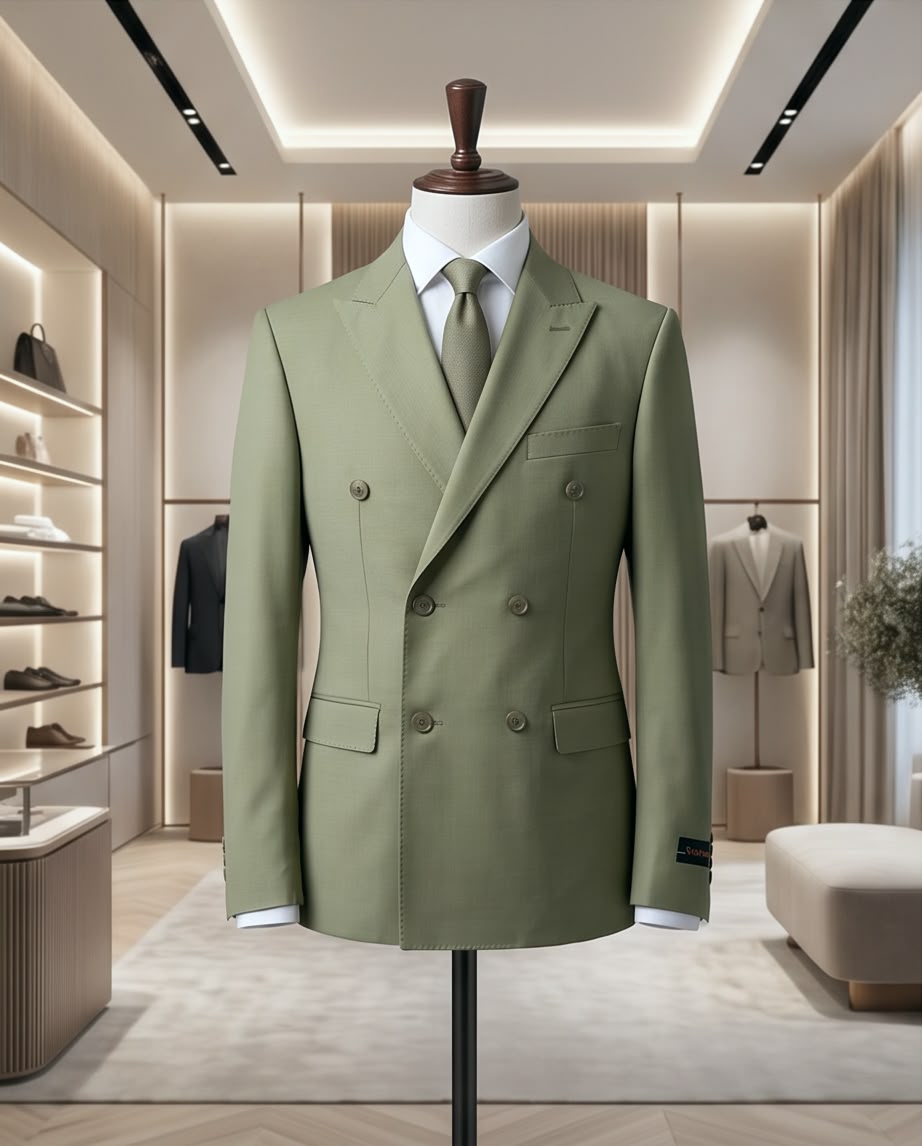 Sage Elegance: Double-Breasted Wool Blend Suit